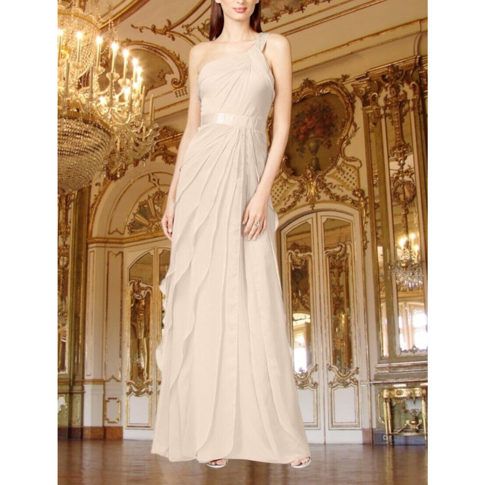 Adrianna Papell One Shoulder Tiered Chiffon Ivory Dress Sz 10 Medium Bridesmaid